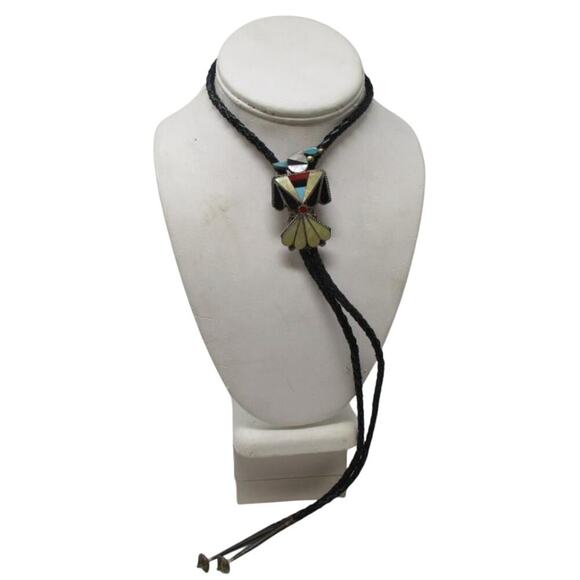 Vintage Zuni Peyote‎ Bird Bolo Tie Turquoise Coral Inlay Sterling Style - Picture 1 of 6